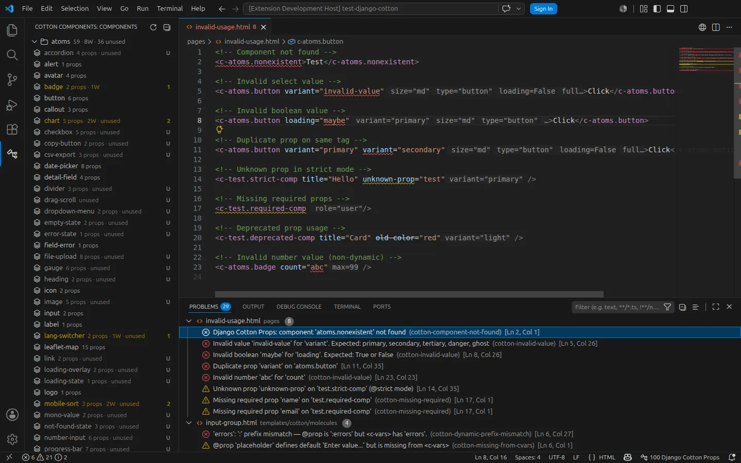 Diagnósticos señalados en el editor, con sus correcciones rápidas